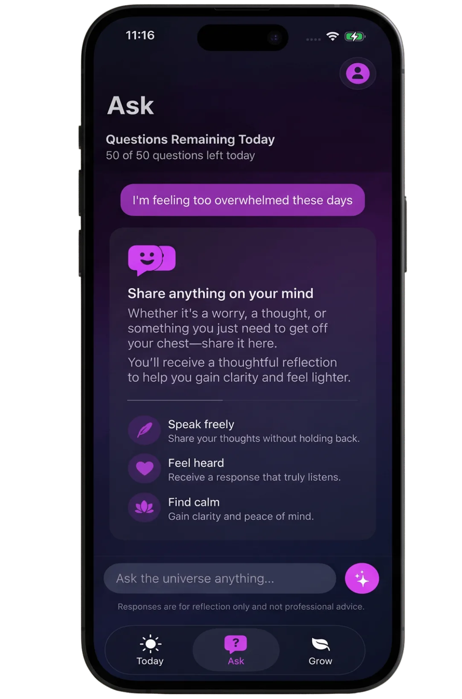 Breebo personalized guidance screen for talking through stress, anxiety and important life decisions