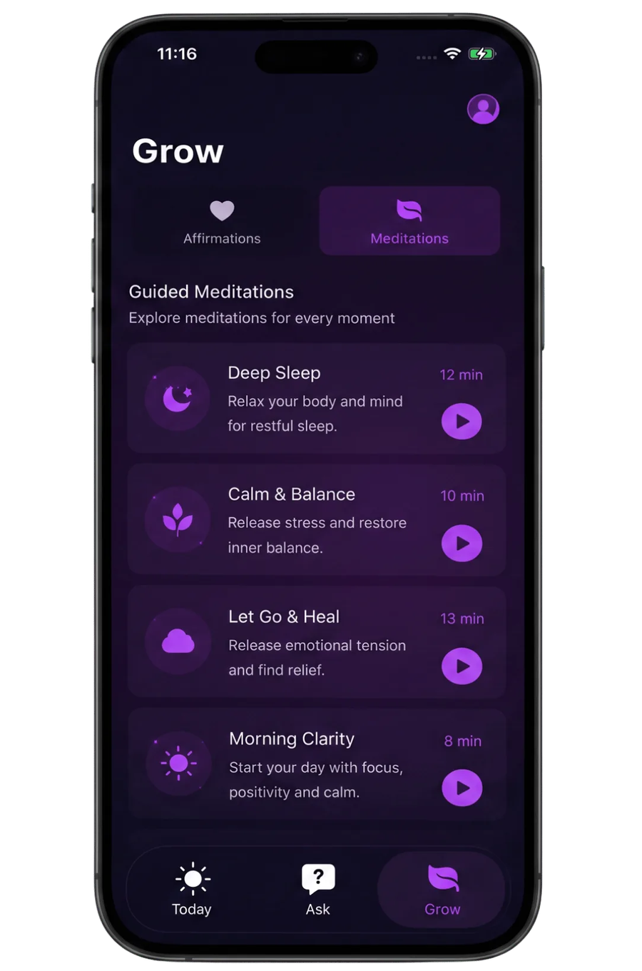 Breebo mindfulness screen with guided meditations and daily affirmations for calm and emotional balance