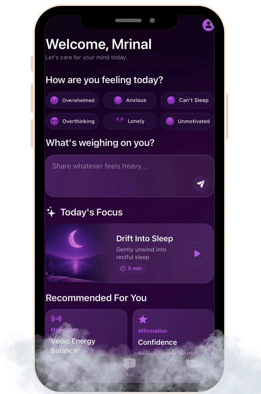 Breebo iOS app home screen with personalized wellness guidance, meditation and affirmations for anxiety and stress